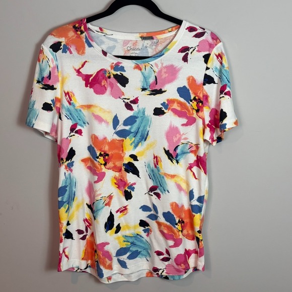 Chico's Tops - NEW Chico's Womens 100% Cotton Colorful Floral Stretch Tee size 2/Large NWT